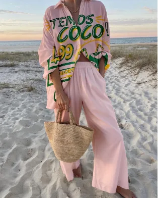 Conjunto informal de 2 piezas con estampado bohemio, camisa holgada de manga larga con solapa y botones, pantalones de pierna ancha de cintura alta, traje de primavera, nuevo estilo de vacaciones