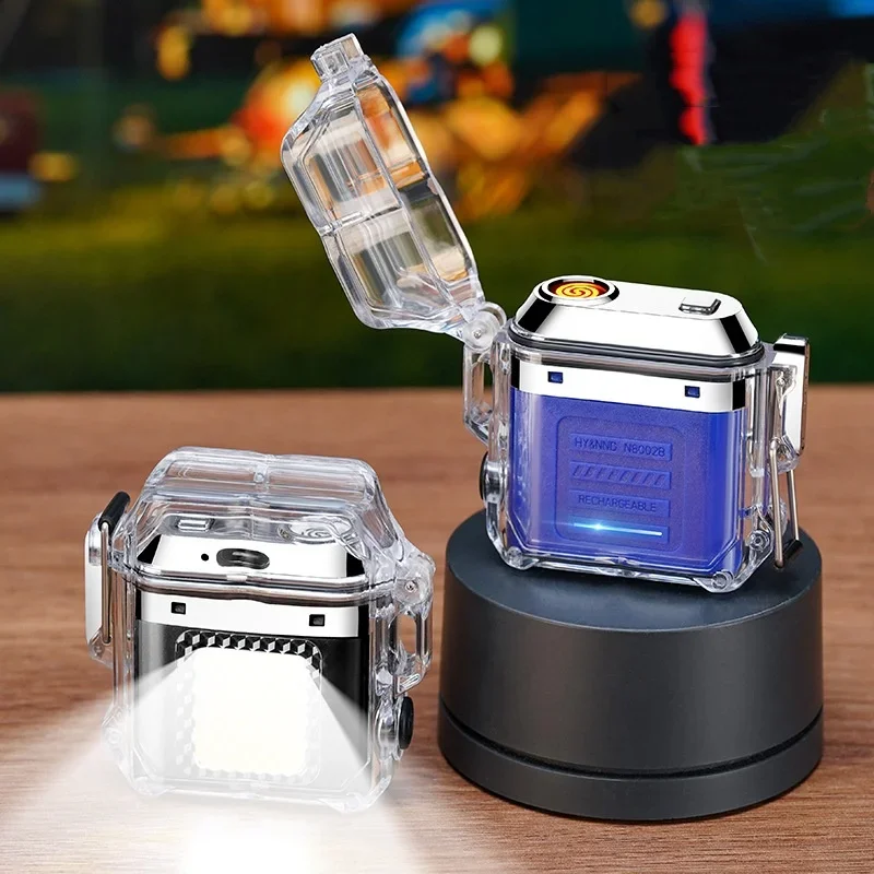 Portable Rechargeable Electronic Lighter Outdoor Waterproof Windproof Work Light Mini LED Flashlight Flameless Lighter