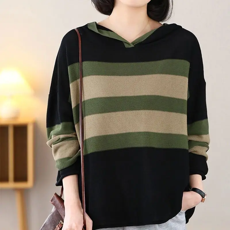 Korean Fashion Autumn Winter New Sweater Hoodies Women Fashion Stripe Patchwork Long Sleeve Loose Casual Versatile Sweatshirts