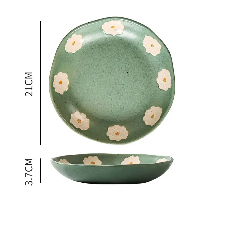 Japanese Vintage Hand Painted Dots Daisy Pottery Deep Plates Creative Moon Star Steak Flat Plate Handmade Salad Dinner Dishes