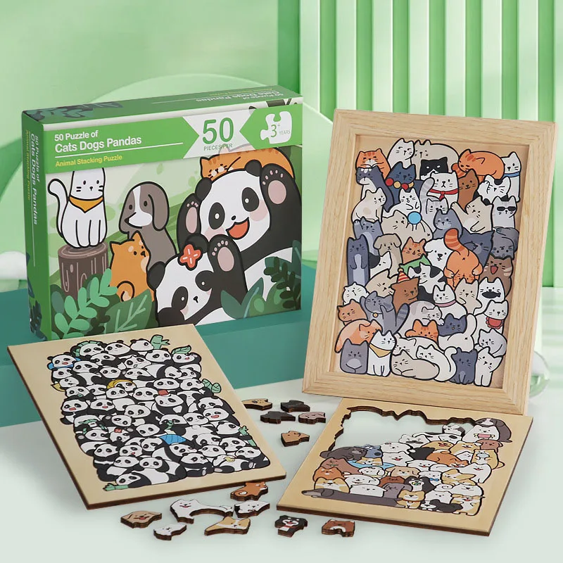 50pcs Wooden Cat Puzzles Cute Animal Puzzles Dog Puzzles Panda Puzzles Creative Cartoon Puzzles For Gifts