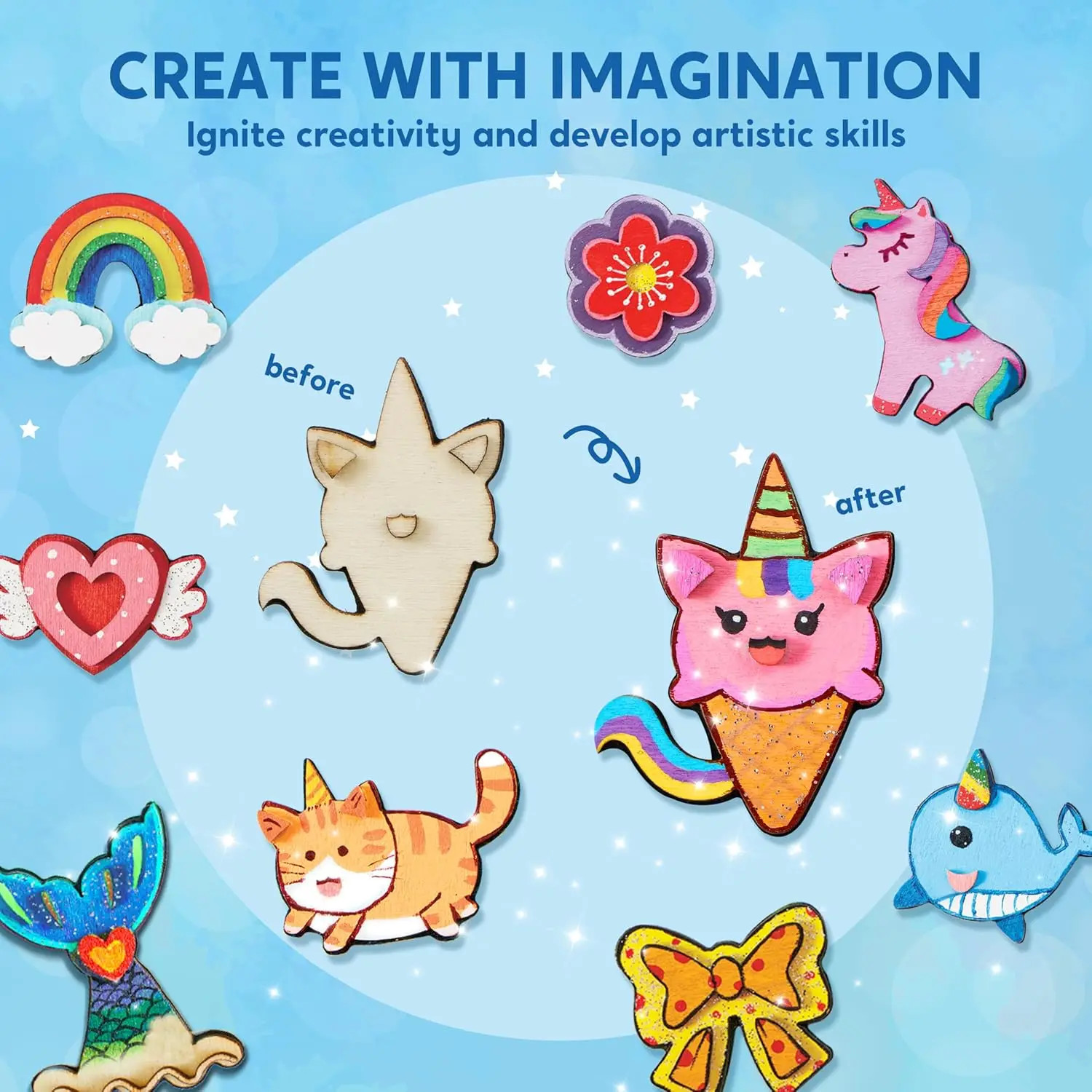 JOYFY 12 szt. Fantazyjne drewniane magnesy Jednorożec do malowania, rękodzieła, zabawki na wiosnę i deszczowe dni, prezent urodzinowy/świąteczny dla dzieci