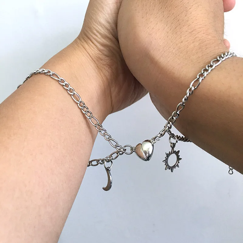 Kpop Sun and Moon Couple Bracelets for Women Men Magnetic Heart NK Chains with Pendant Paired Schmuck Valentine's Day Gift