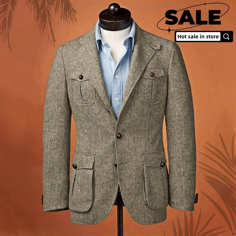 

Herringbone Pattern Multi-Pocket Hunting Jacket Men's Casual Sports Jackets Wedding Banquet Business Suits