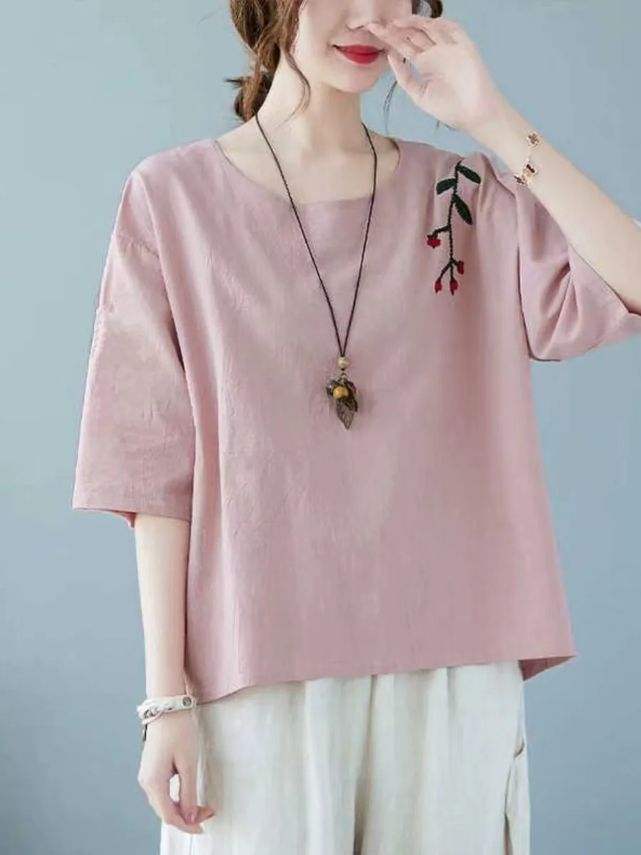 Retro Embroidered Cotton Linen Five-Point T-shirt Loose Slimming Casual Versatile Top for Women Autumn Season Long Sleeve