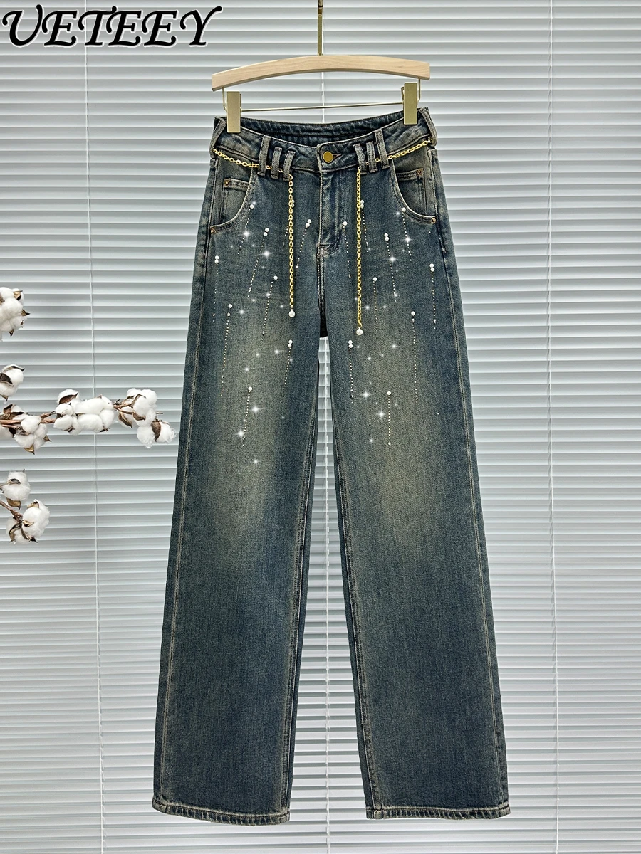 European Hot Diamond Bead Mopping Baggy Jeans Women's New Autumn Trousers High Waist Loose Versatile Wide Leg Denim Pants