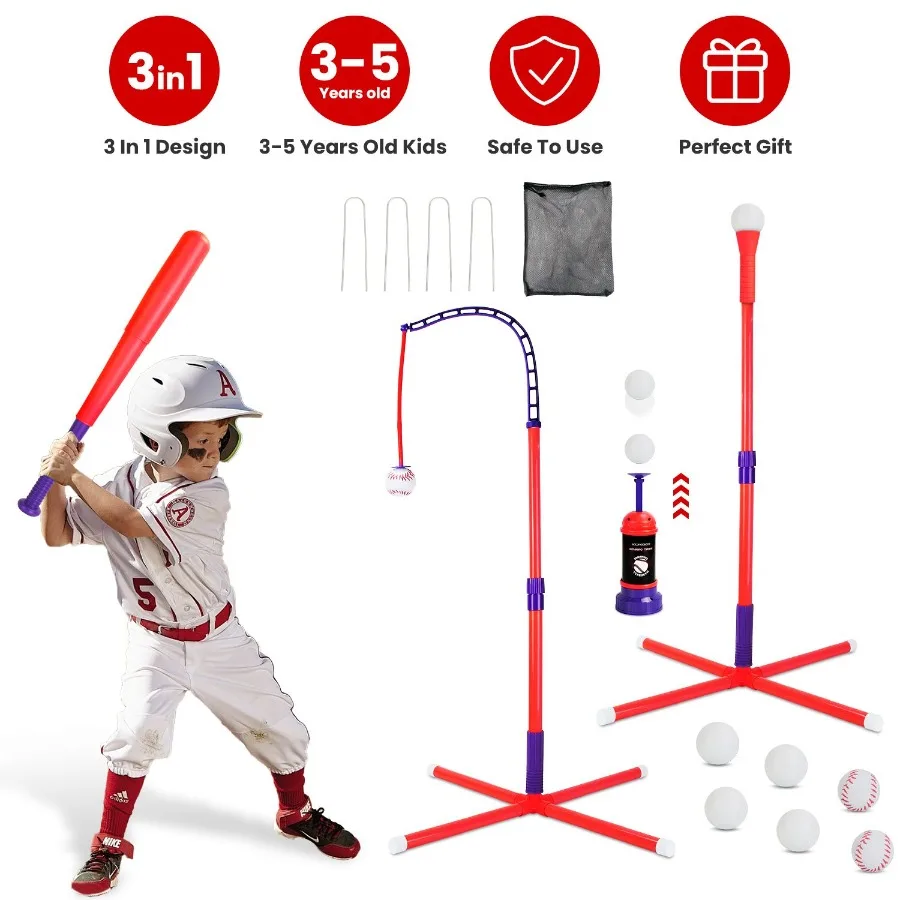 

3In1 Baseball Toy Set For 35Years Old And Toddlers Includes Tee Ball Stand Hanging Tee Automatic Ball Launcher with Adjustable