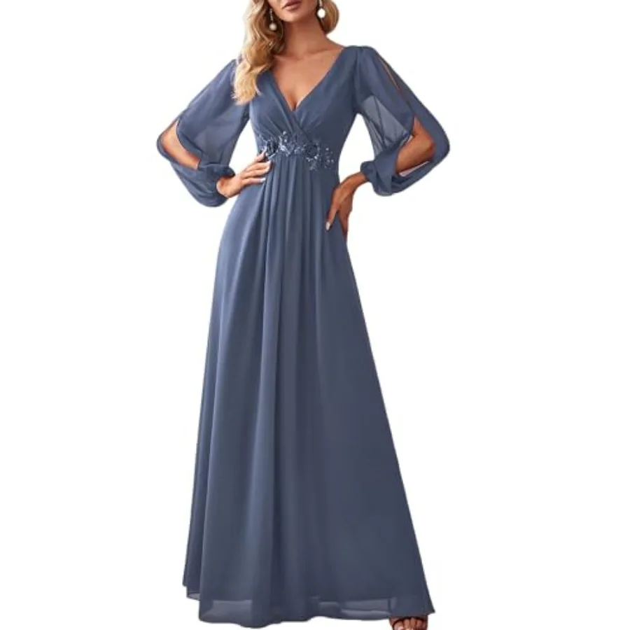 

Ever-Pretty Women's V Neck Long Sleeves Floor Length Ruched Chiffon A-Line Formal Evening Dress Mother of Bride Dresses 001