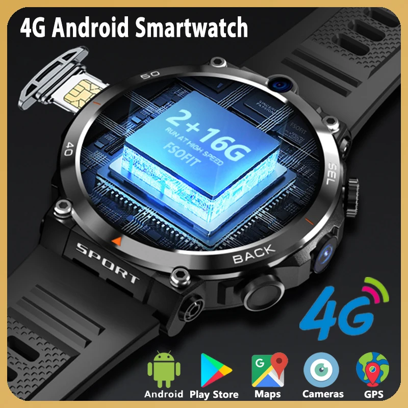 4G Network Android Smart Watch With SIM Card Two Cameras Smartwatch Support Google Play Maps Face Unlock GPS WIFI NFC Make Call