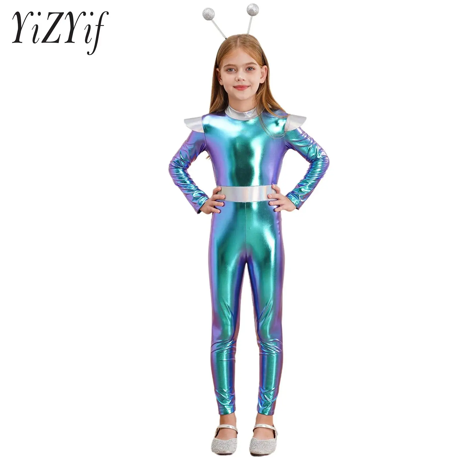 Girls Outer Space Cadet Costume Holographic Metallic Jumpsuit Full Bodysuit Halloween Alien Extraterrestrials Cosplay Dress Up