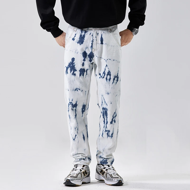 High quality white jeans men's Spring and Autumn American street fashion blue and white washed printed straight leg long pants