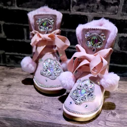 Pink mid-tube rhindiamonds gemstone ribbon accessories custom style snow boots fur one large size women's boots 35-44