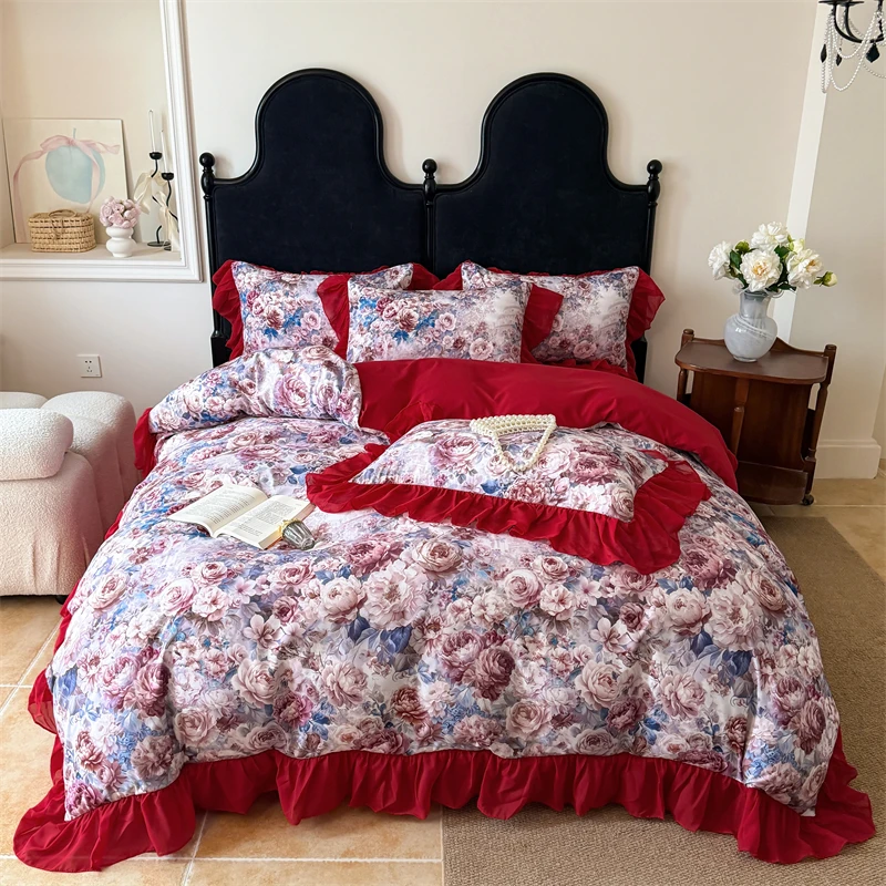 French Style Duvet Cover with Pillowcases Flower Printed Soft housse de couette Single/Queen/King Size Quilt Covers Set 이불커버