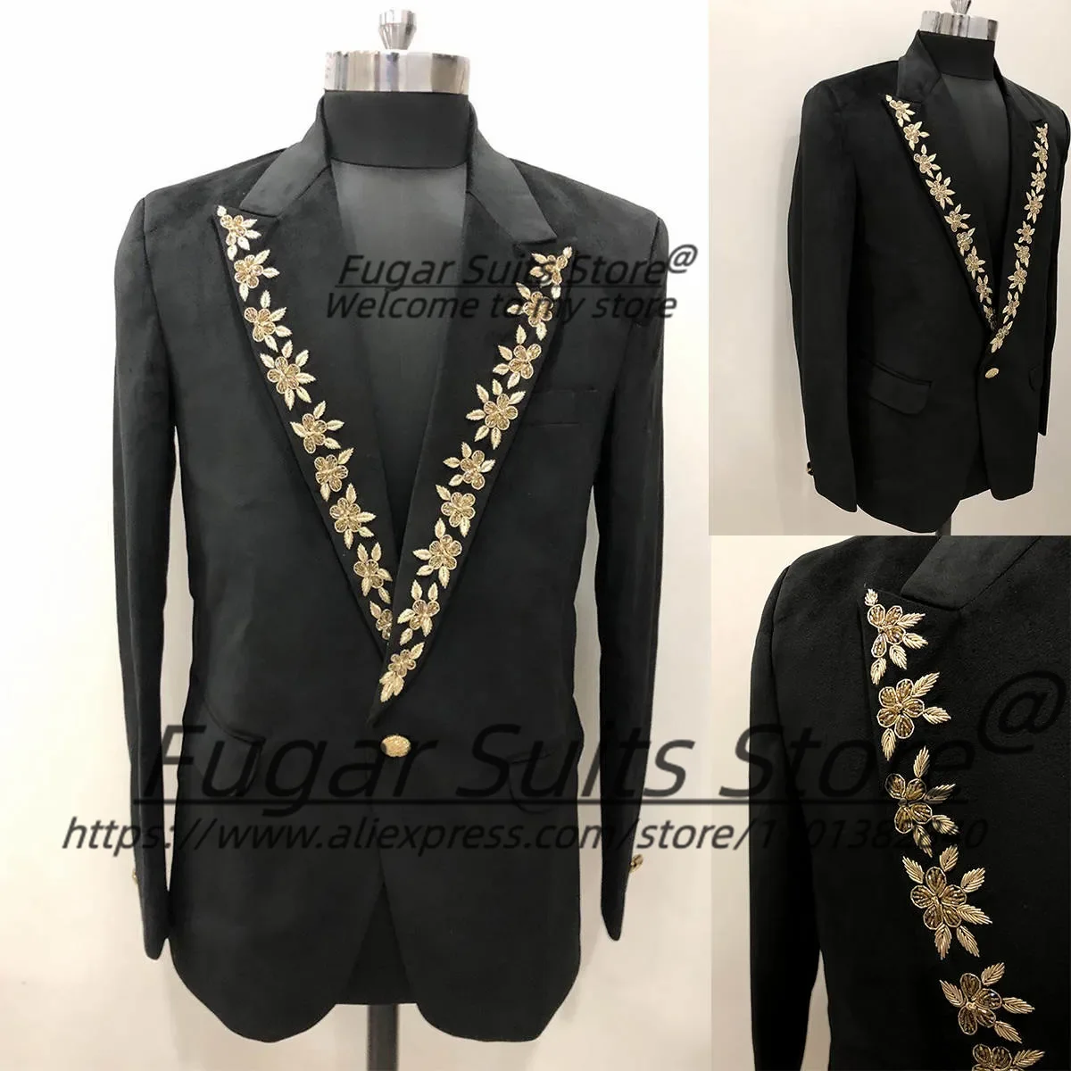 

Elegant Black Velvet Men Suits Customized Slim Fit Shawl Lapel Embroidery Groom Wedding Tuxedos 2 Pieces Sets trajes para hombre