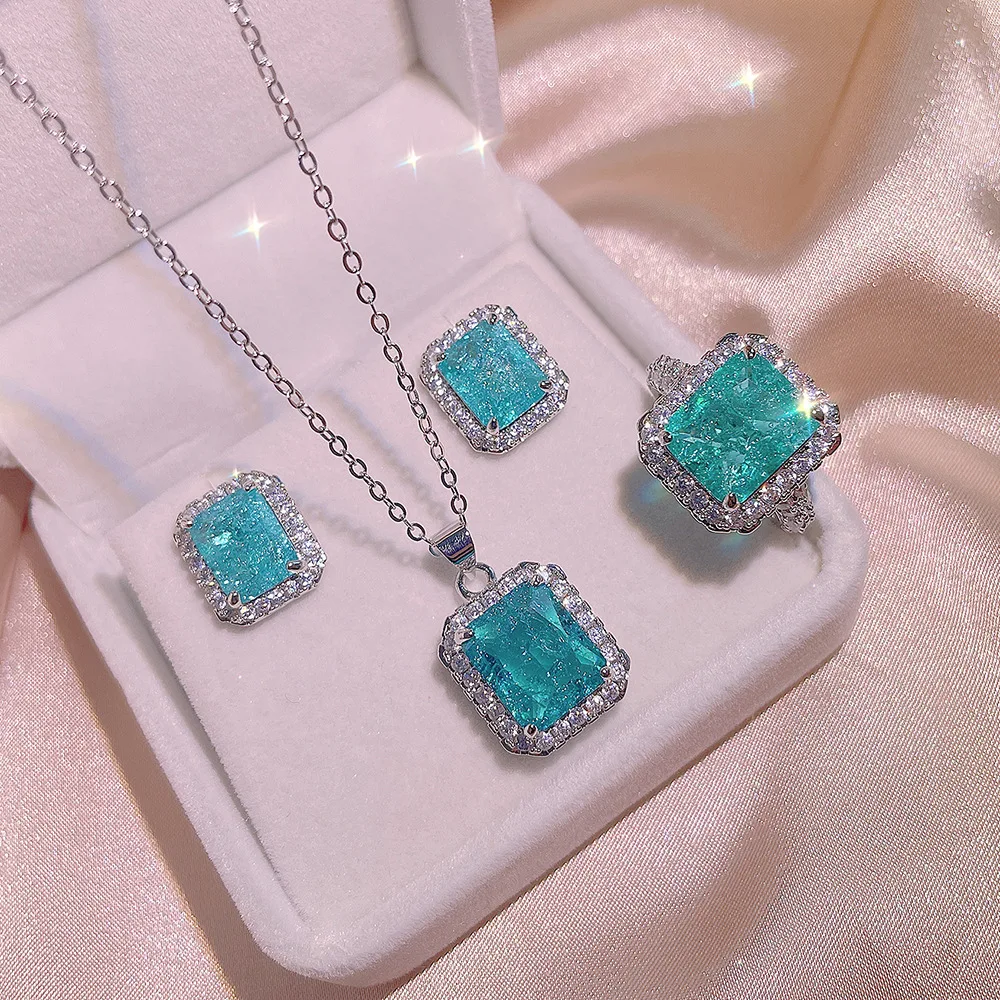 Haute Couture New Square Paraiba Ring Earring Necklace Three-piece Suit Women\'s Cocktail Party Gift Direct Sale