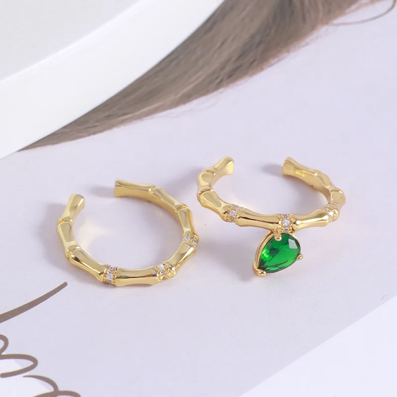 

Retro Fashion Niche Bamboo Design Water Drop Green Cubic Zircon Dangle Two-piece Ring Set for Women Classic Jewelry Office Lady