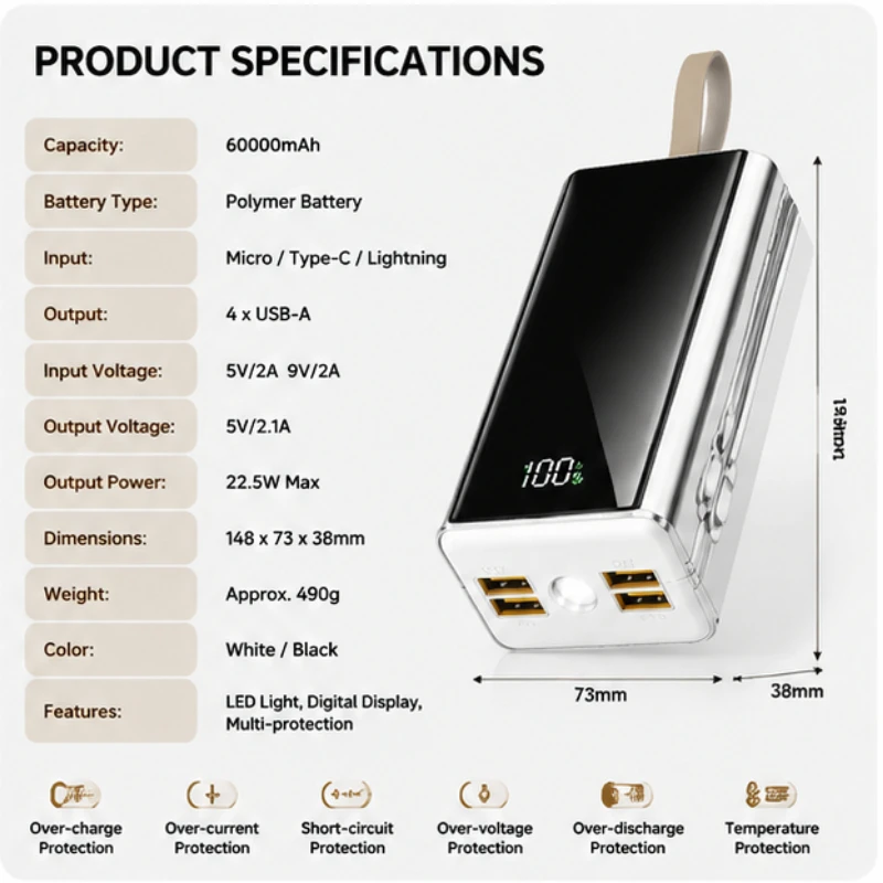 60000 MAh Large Capacity Power Bank with Fast Charging Built-in Cable Outdoor Live Streaming Camping Lights Mobile Power Bank