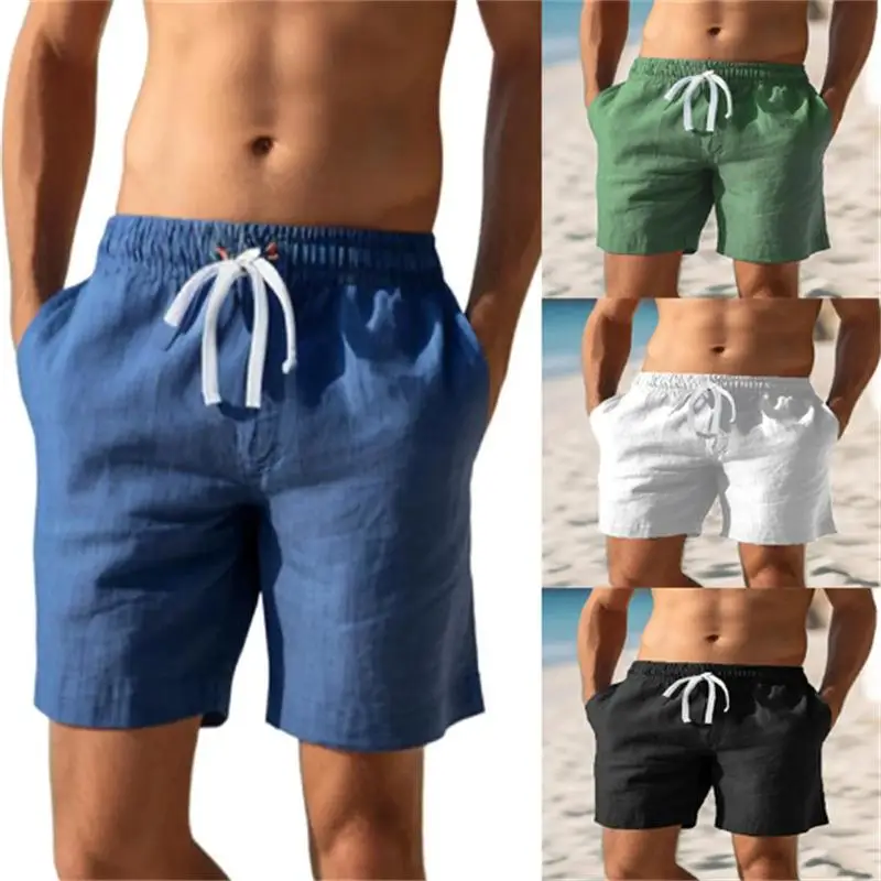 

Men's Cotton Linen Drawstring Elastic Shorts Summer Casual Loose Fit Green Color Block Simple Style plus Size Shorts