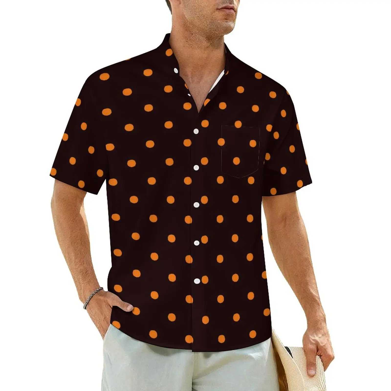 

Polka Dots Print Hawaiian Shirt For Men Beach Orange and Black Casual Shirts Short-Sleeved Y2K Funny Novelty Oversized Blouses