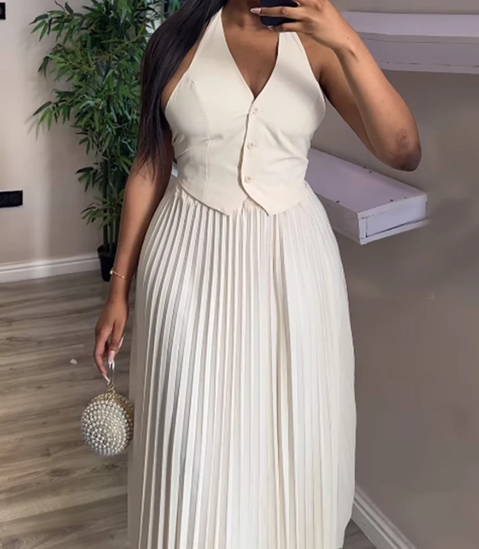 

Elegant Two Piece Sets Womens Outifits 2024 Summer Fashion Sleeveless Halter V-Neck Buttoned Vest Top & & Half Skirt Casual Set