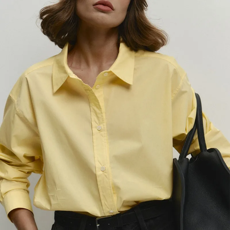 Talenza Women's Casual Shirt Summer Yellow Loose Office Lady Shirt Lapel Single Button Long Sleeve Ladies Shirt Female Outfits