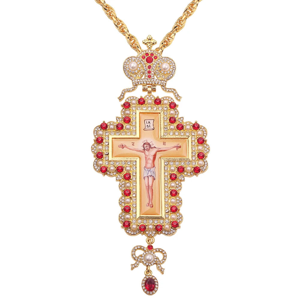 Crown Pectoral Cross Orthodox Jesus Crucifix Necklace Retro Religious crystal necklace Men & women chain Long Necklace