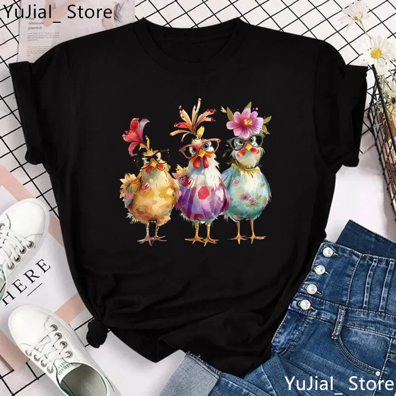 

Cute Chicken Flowers Printed T Shirt Girls Funny White Fashion Tshirt Women Harajuku Kawaii Short Sleeve T-Shirt Female