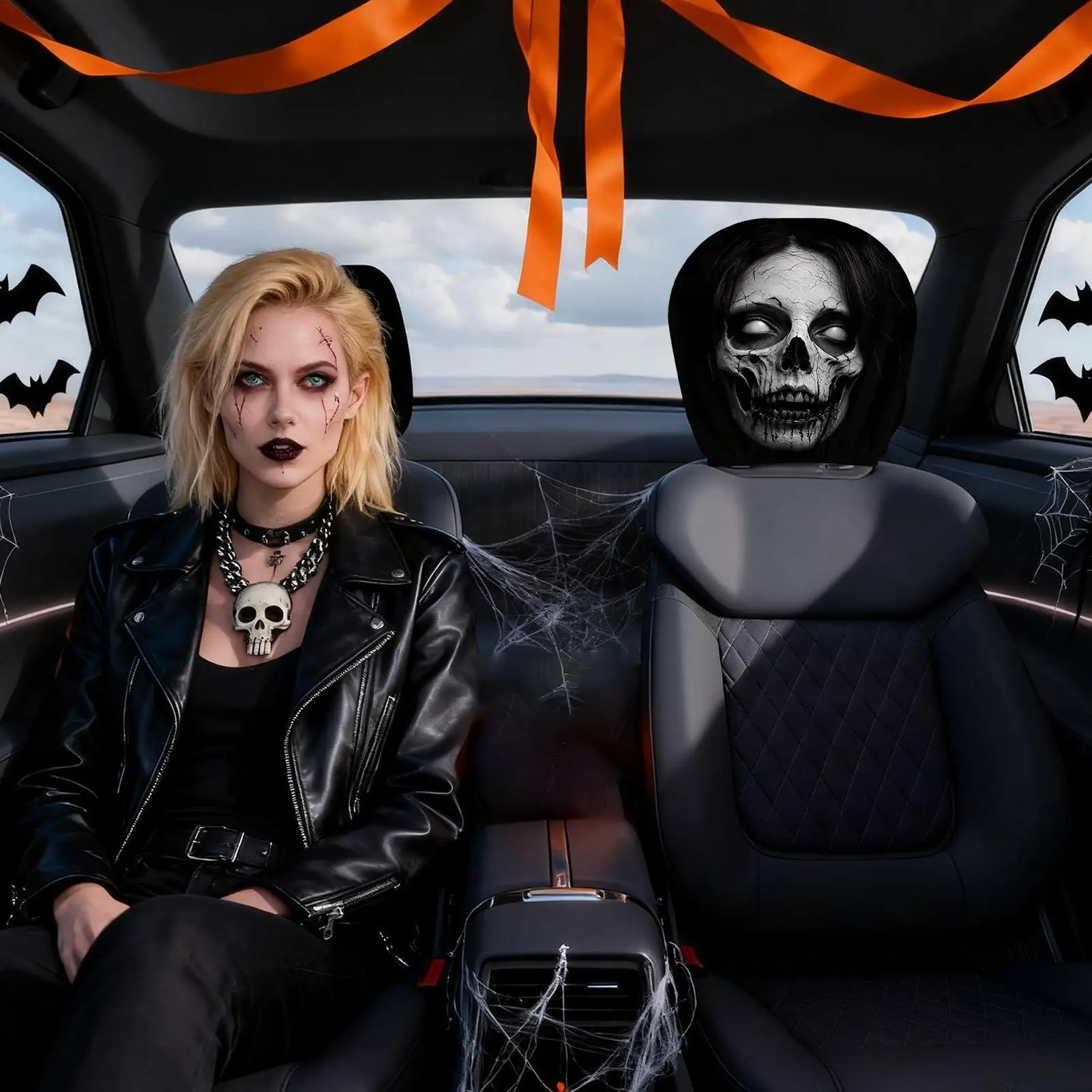 Ghost Headrest Covers 2-Piece Spooky Funny Halloween Decor Haunted Front Seat Headrest Covers For Automotive Truck Rv Suv Sedan
