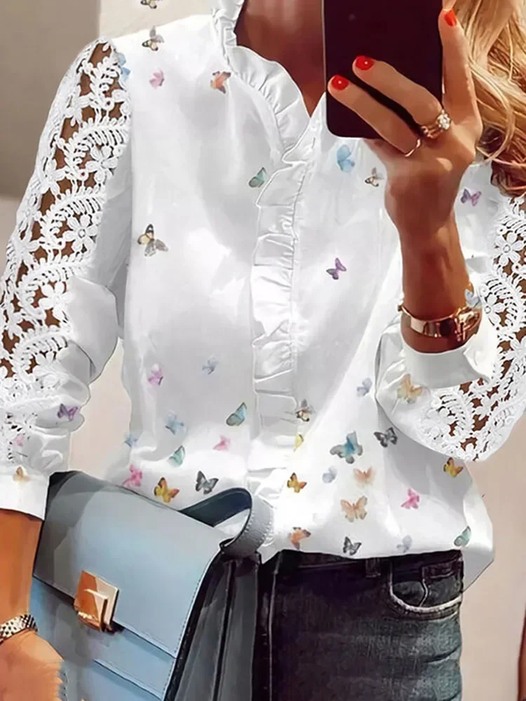 Women's Shirts Fashion Elegant Long Sleeve Butterfly Print Top White Ruffled Hollow Out Blouse