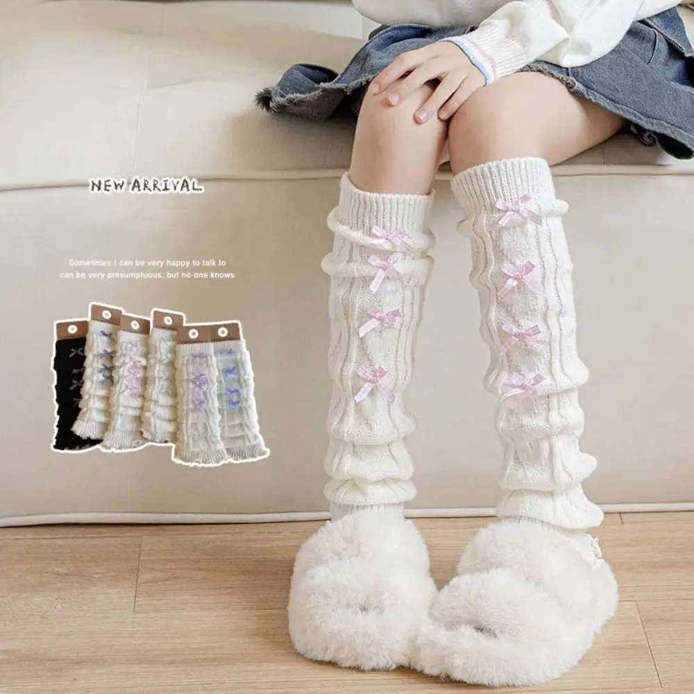 

Fashion Korean Style Children's Leg Warmers JK Harajuku Knitted Leg Cover Pile Socks Woolen Plaid Bow Socks Children's