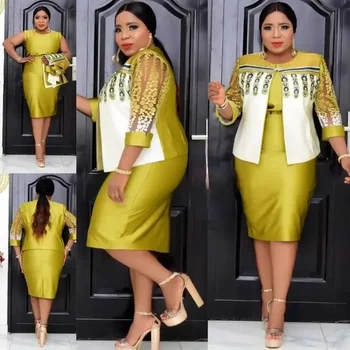 4XL 5XL Afrika Plus Größe Frauen Kleid 2 Stück anzug Frühling Herbst Neue Rundhals 3/4 Hülse Plissee Kleid Große größe Kleidung