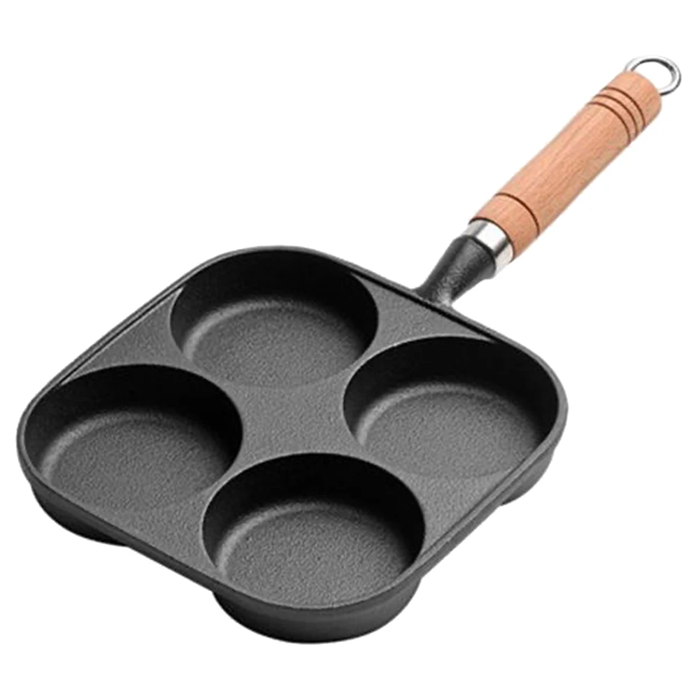 4-Hole Frying Pan Wooden Handle Non Stick Cookware Pancake Pan Omelet Pan Breakfast Burger Egg Pancake Maker