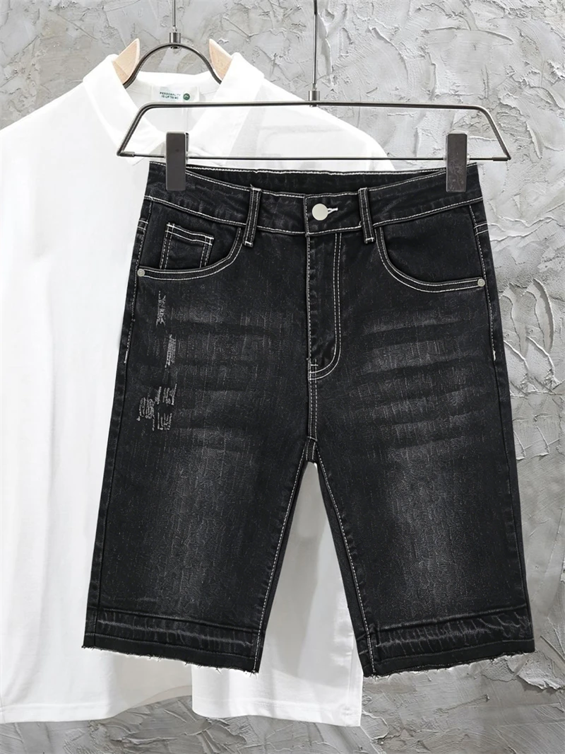 Men's Stretch Black Jorts Street Style Denim Shorts Summer New Korea Fashion Casual Bermuda Hip Hop Knee Length Jeans view 4