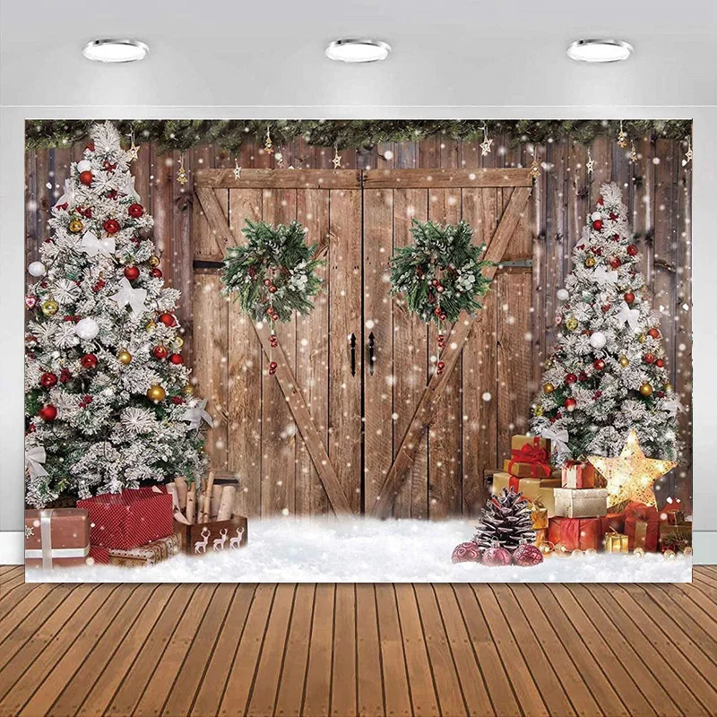 Winter Christmas Rustic Barn Wood Door Photography Backdrop Tree Snow Gifts Decor Background Banner Decoration for Family Party