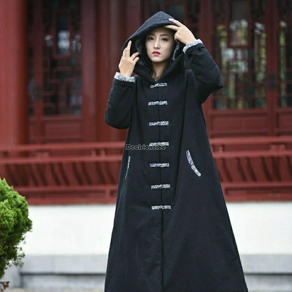 2023 chinese style cotton-padded women winter long cotton cheongsam button hooded robe thick warm retro long cloak coat s935