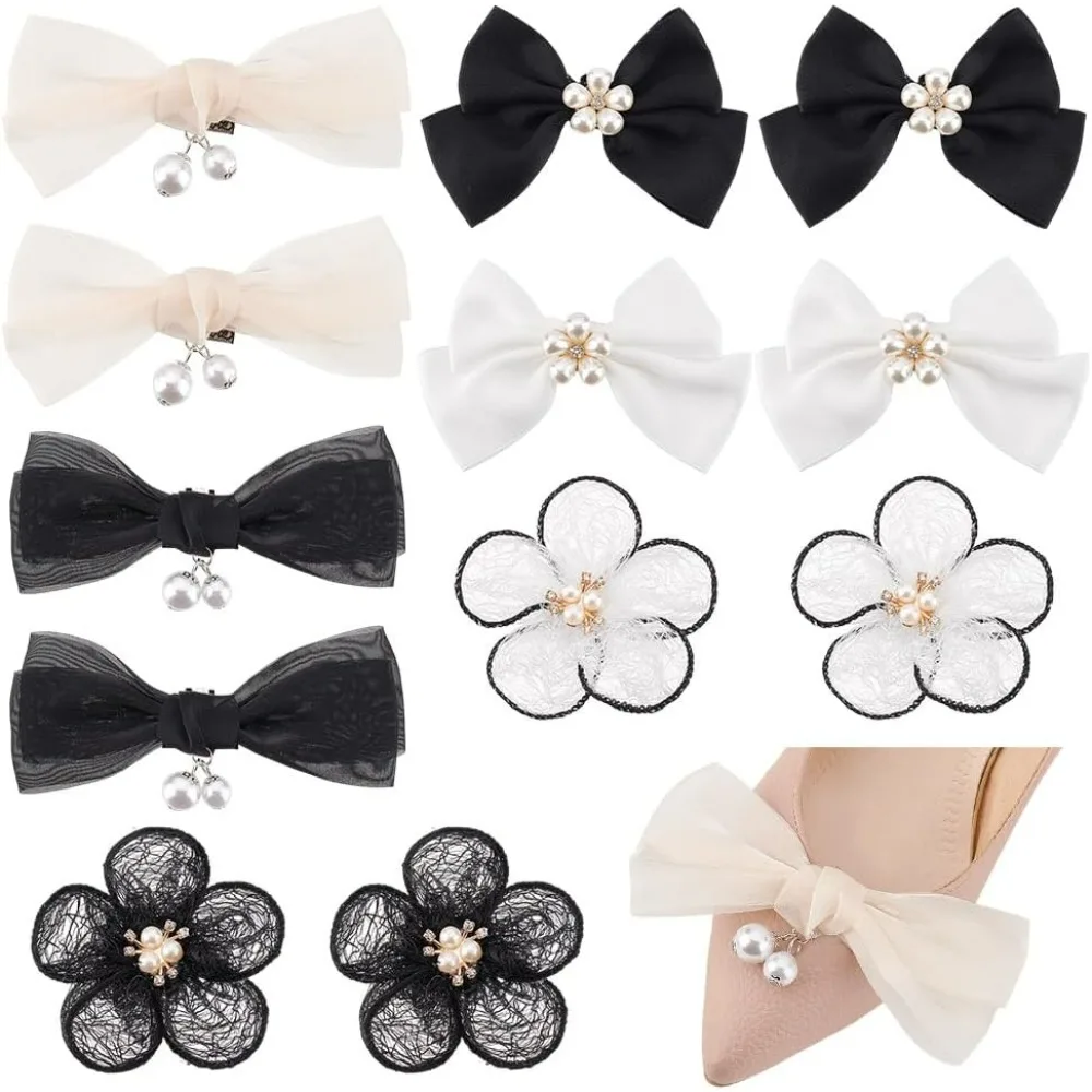 

12pcs 6 Styles Bow Shoe Clips Pearls Shoe Buckle Flower Decorative Shoe Clips Bowknot Removable Shoe Charms for Women