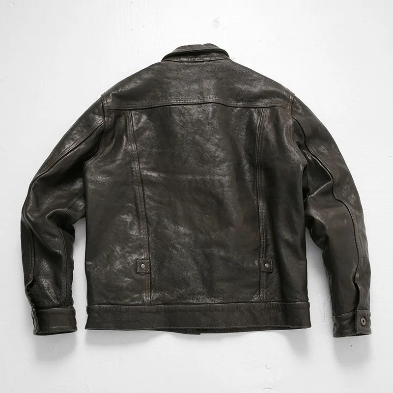 leather men's lapel coat motorcycle suit casual short top layer cowhide