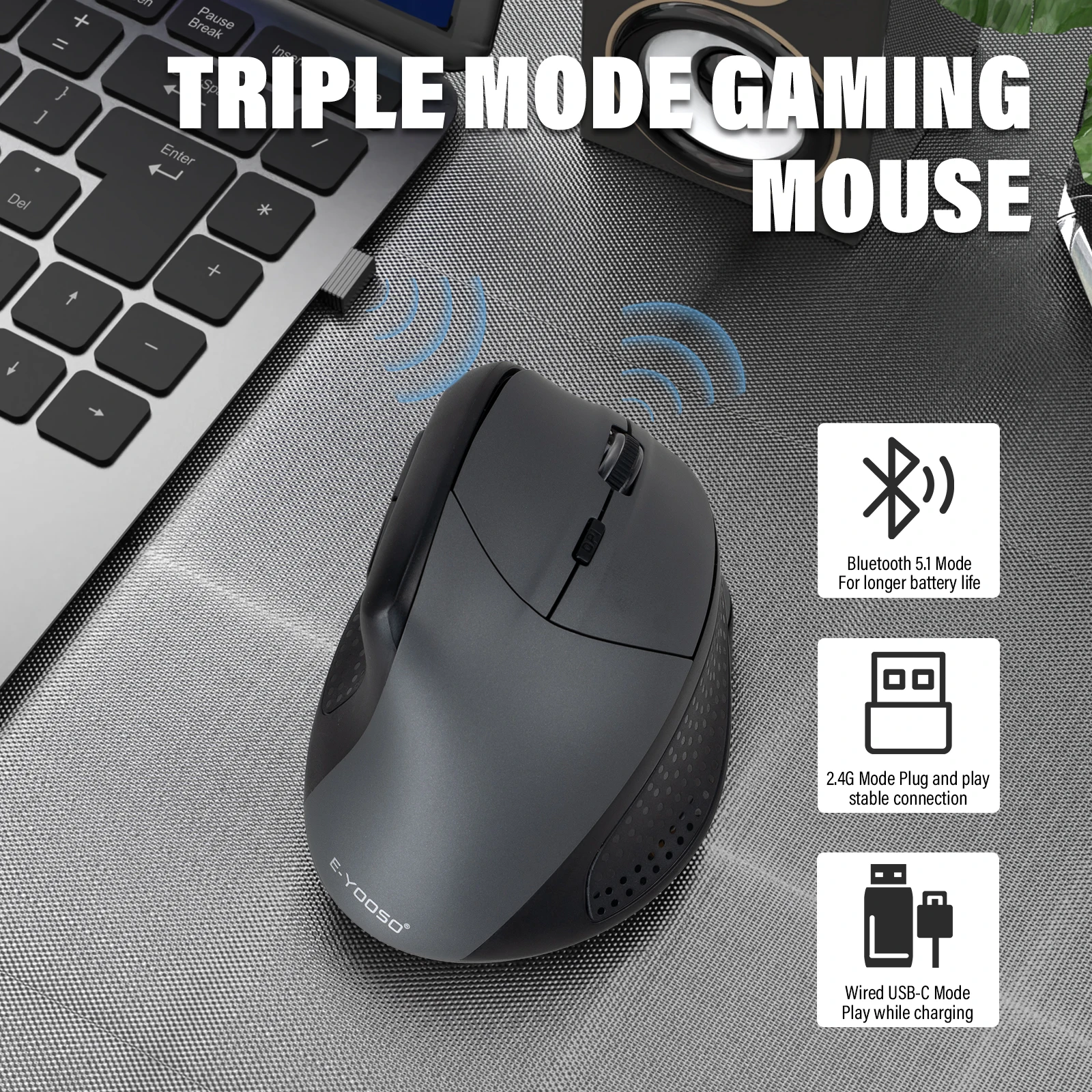 E-YOOSO X45 - A rechargeable standing ergonomic wireless/bluetooth/wired mouse with silent clicks and 4800 DPI.