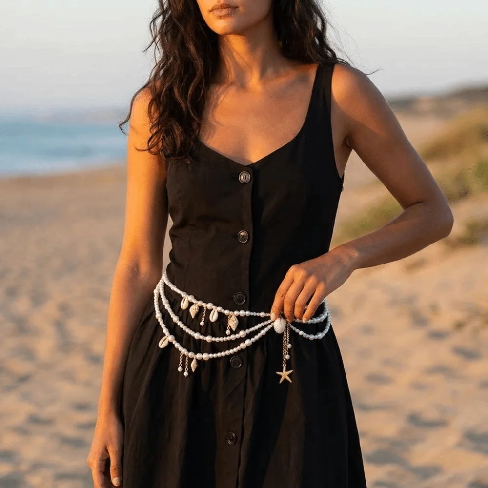 Multilayer Pearl Waist Chain Starfish Shell Pendant Stylish Body Chain Belt Elegant All-match Waist Accessories Photography