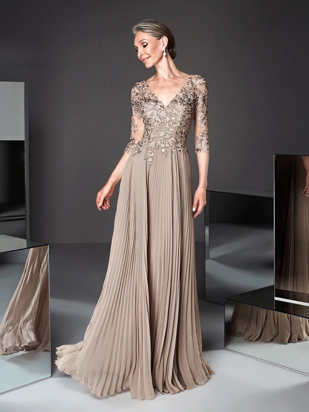 

New Elegant Champagne Gold Ruched Half Sleeve Long Prom Gwon 2023 Wedding Party Guest Evening Dresses Femme Robe De Soiree