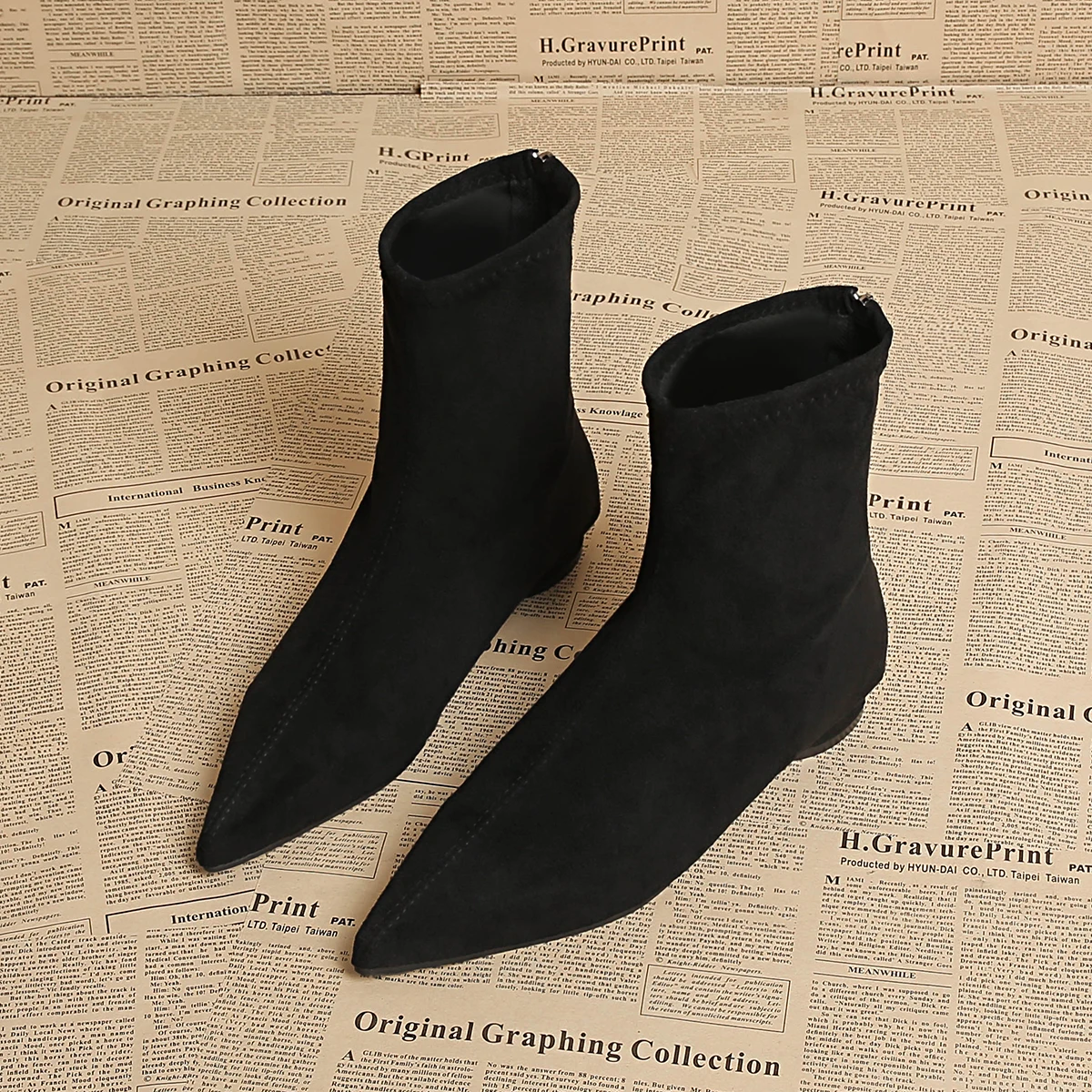 Women Pointed Toe Low Heel Suede Ankle Boots Back Zipper Elastic Booties Autumn Winter Shoes Black Khaki Wine Red Light Green