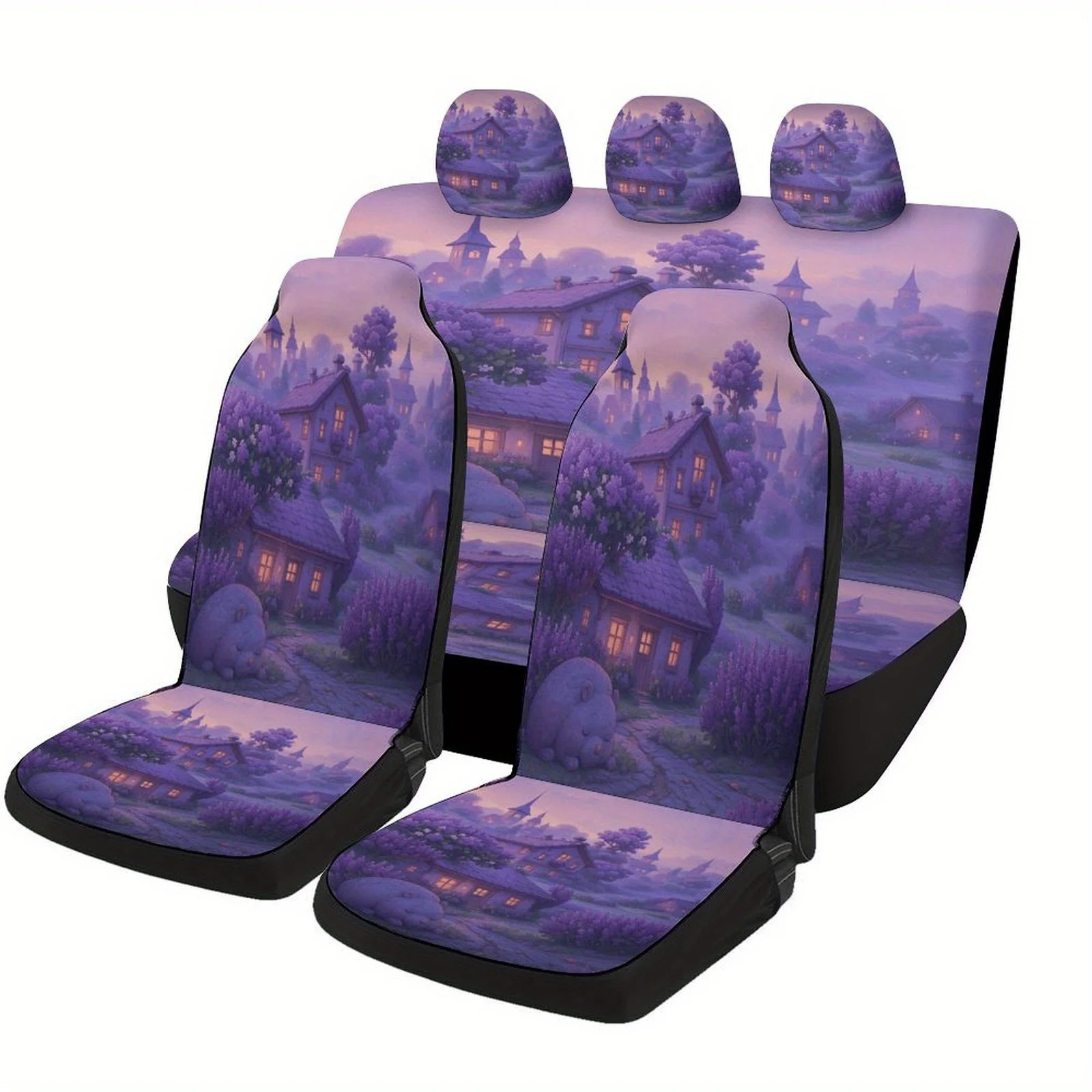 Purple Village Cottage Themed Car Seat Cover Set For Most Cars, Trendy Novelty Car Seat Protector Covers Full Set, Universal Car