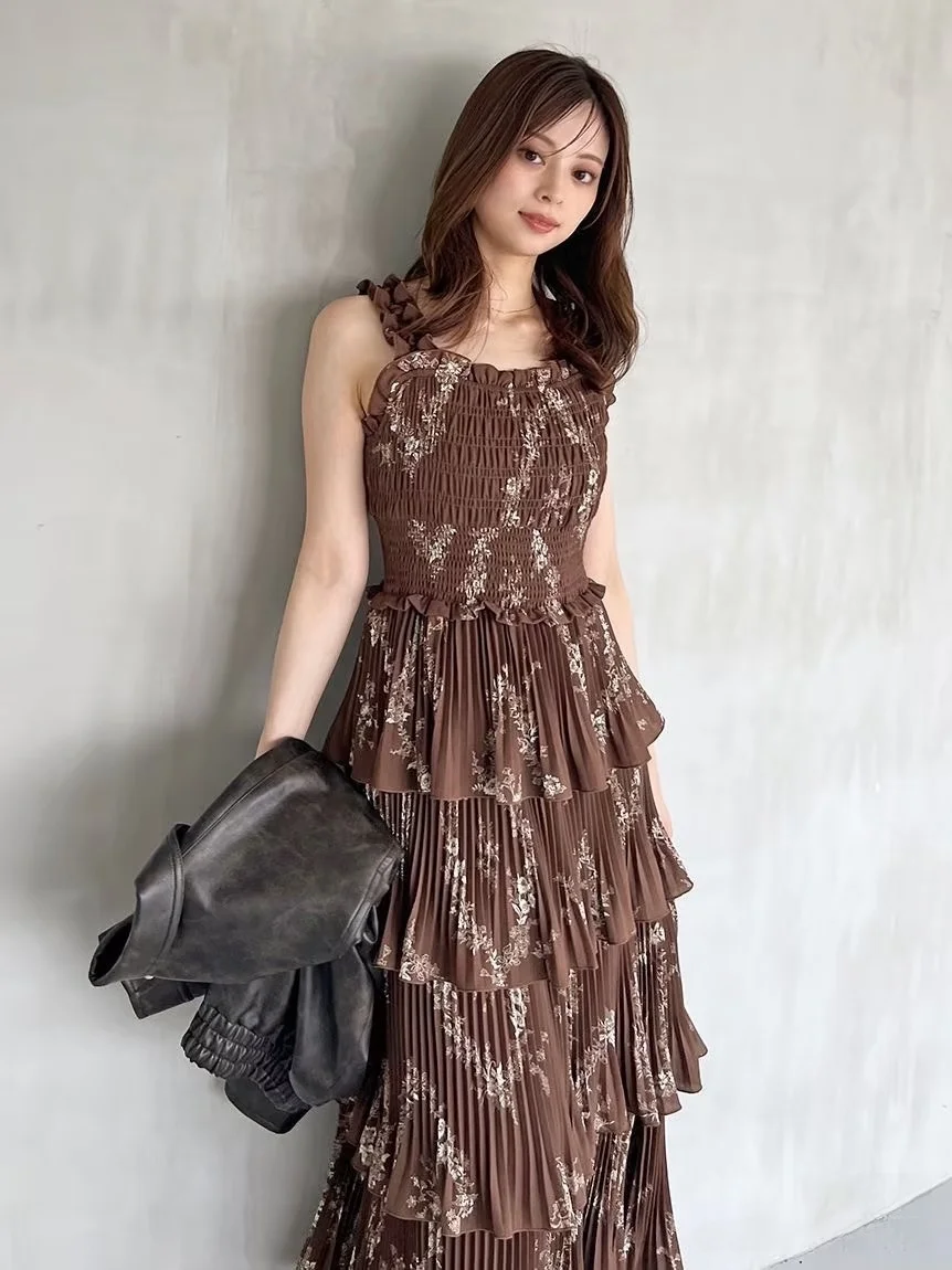 Snidel Plaid Gored Gored Midi Dress Women's Casual Style without Sleeve round Neck Cake Skirt Polyester Fiber Slim Fit Dress