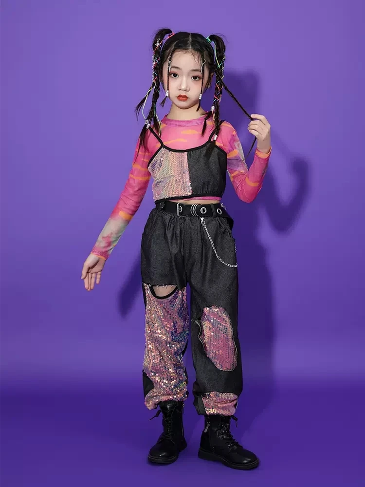 2025 Ropa de baile de Jazz para niñas, Tops de lentejuelas rosas, pantalones, disfraz de actuación de Hip Hop para niños, ropa de escenario para Festival de conciertos