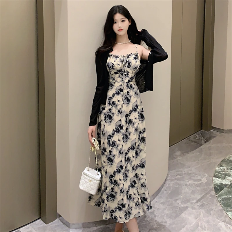 Yanling French Tea Break Rose Floral Slip Dress Waist-Tight Slimming and Fashionable Elegant Black Dress