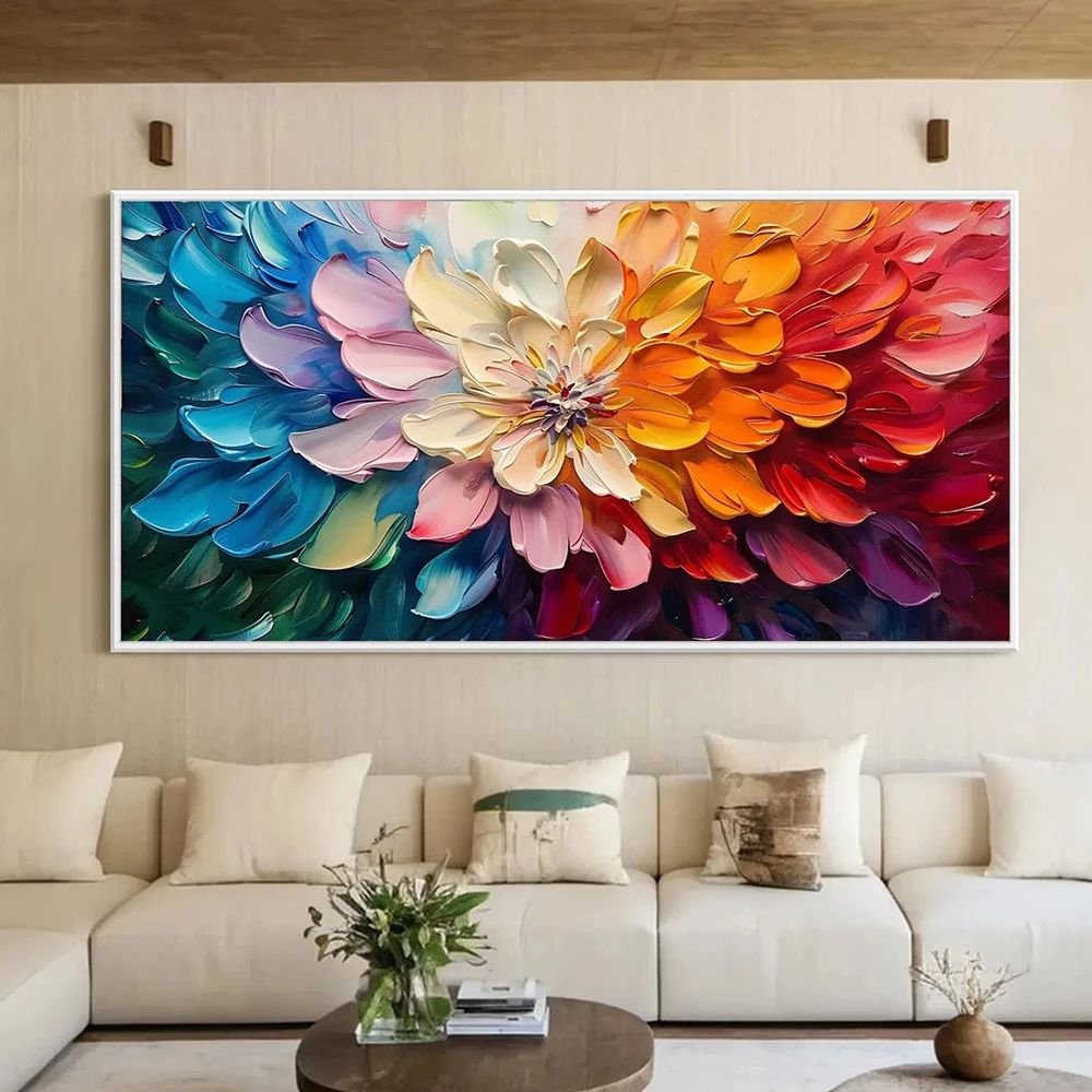 Colorful Flower Painting On Canvas,Vibrant Abstract Floral Canvas Art,Textured Wall Art, Modern Living Room Decor, No Framed