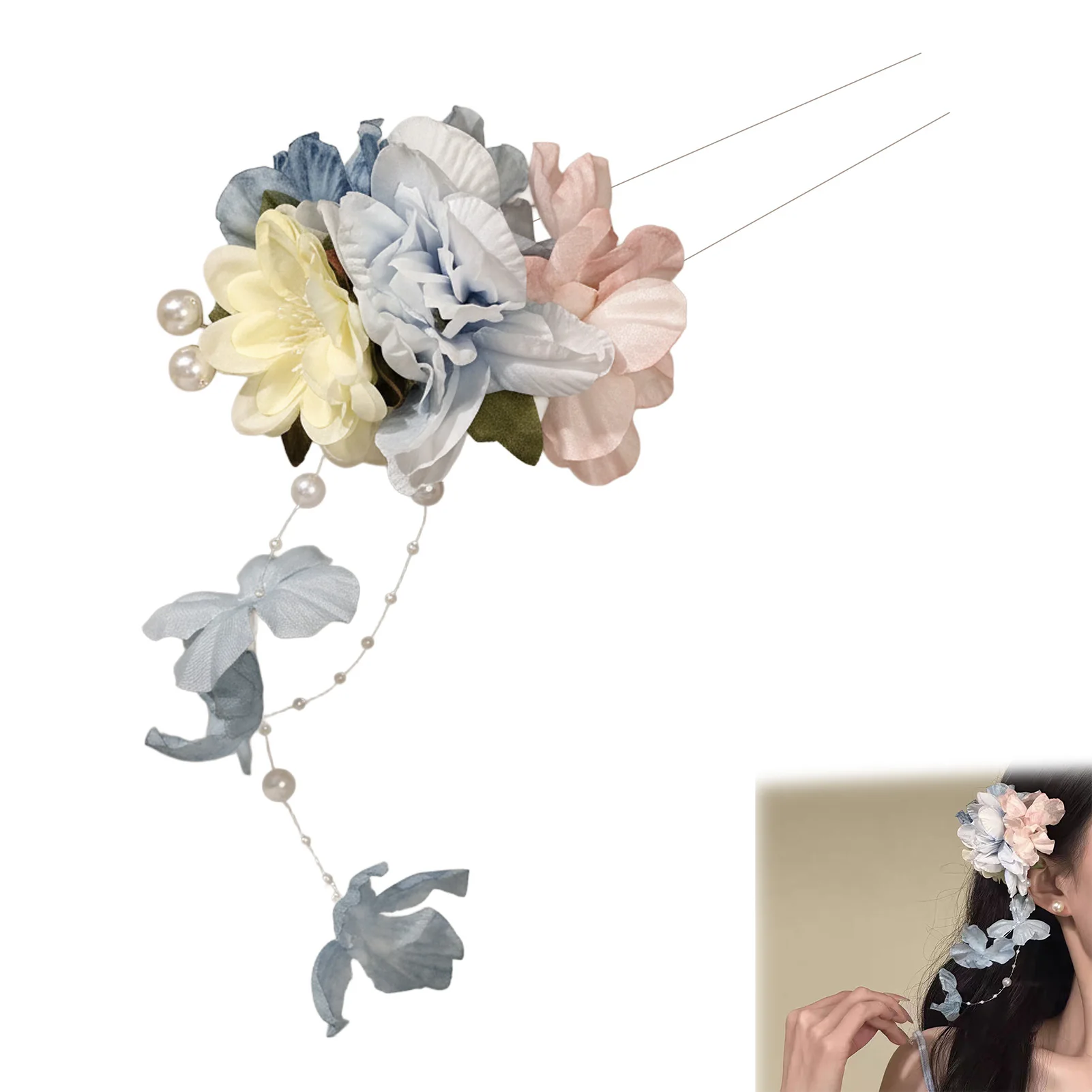 Künstliche Blumen-Haarspange mit bunten Quasten und Perlen – Frühlings-Foto-Requisite für Damen und Mädchen im Alltagsstil – Detail 3