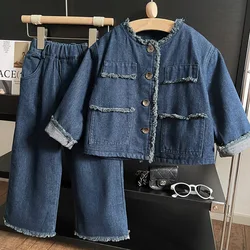 Girl Suit 2023 New Spring Autumn Korean Fashion Style Denim Suit Baby Girl Jean Jacket Hairy Wide Leg Jeans Two Piece Suit