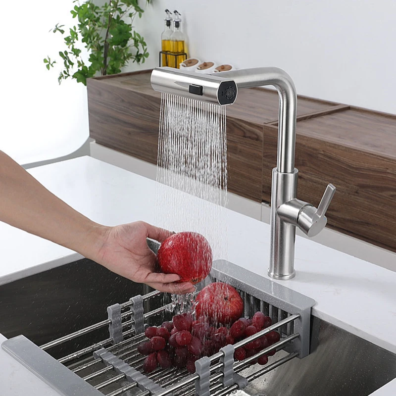 Hot Selling Pull Out Kitchen Mixers 304 Stainless Steel Waterfall Sink Water Taps Single Handle Hot Cold Kitchen Faucet