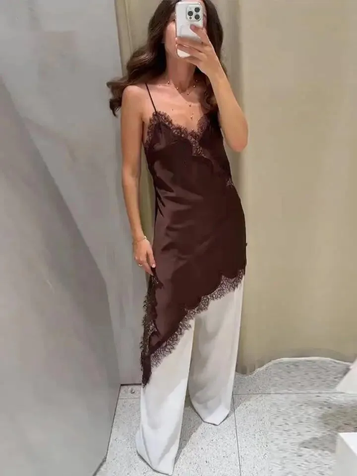 ブラウンサテンセクシーなレーススプライシングショートスリングドレス女性 V ネックノースリーブバックレス非対称パーティードレス夏の女性のローブ DYV8